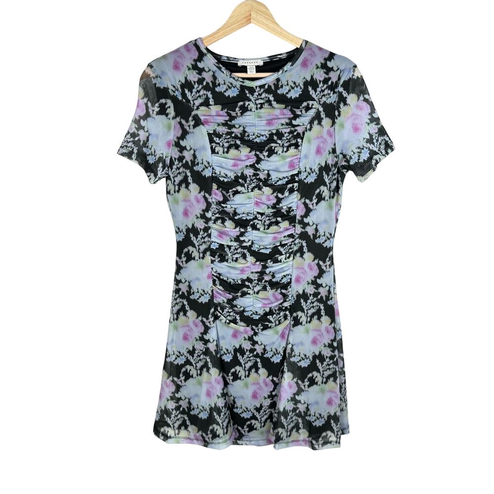 Topshop Dress Size M 8/10 Floral Mesh Mini Black Blue Multi Whimsigoth Y2K